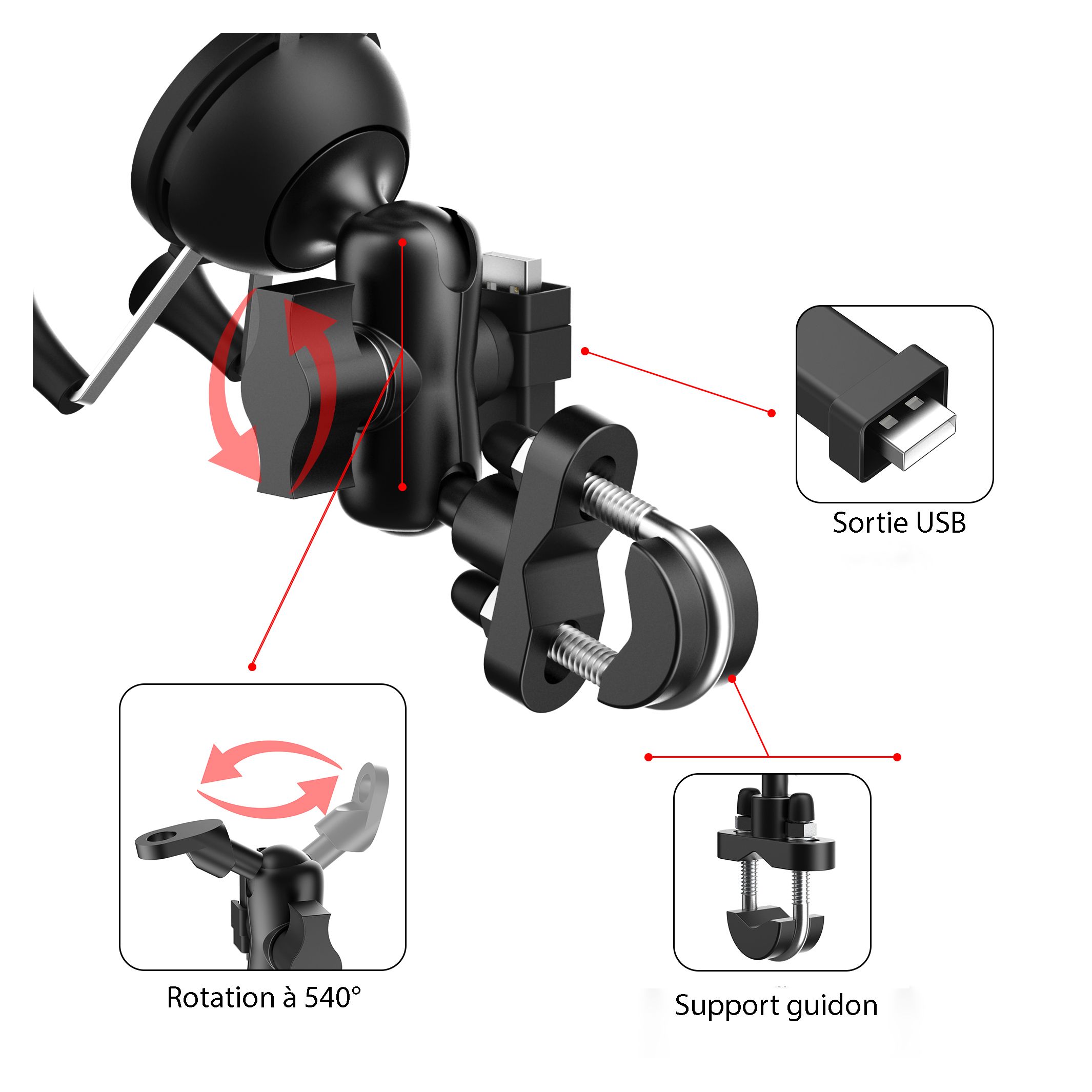 Universal motobike phone holder with wireless Qi charger